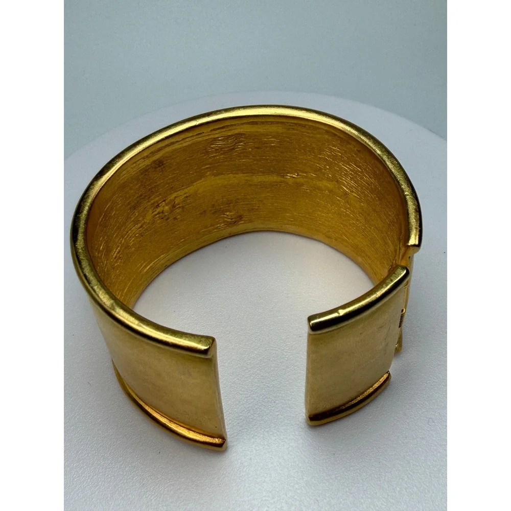 Vintage KJL Kenneth Jay Lane Wide Gold Tone Cuff Bracelet Amber Cabochon #1205